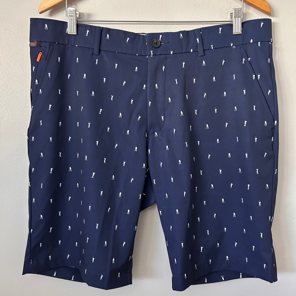 KJUS Shorts Mens 38 Navy Blue Iver Golf Player Silhouette Print Stretch 10"